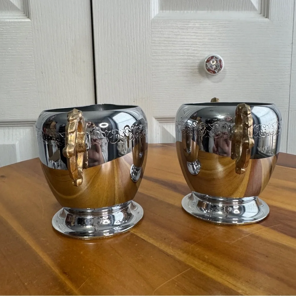 Vintage‎ chrome gold tone handle sugar and cream set